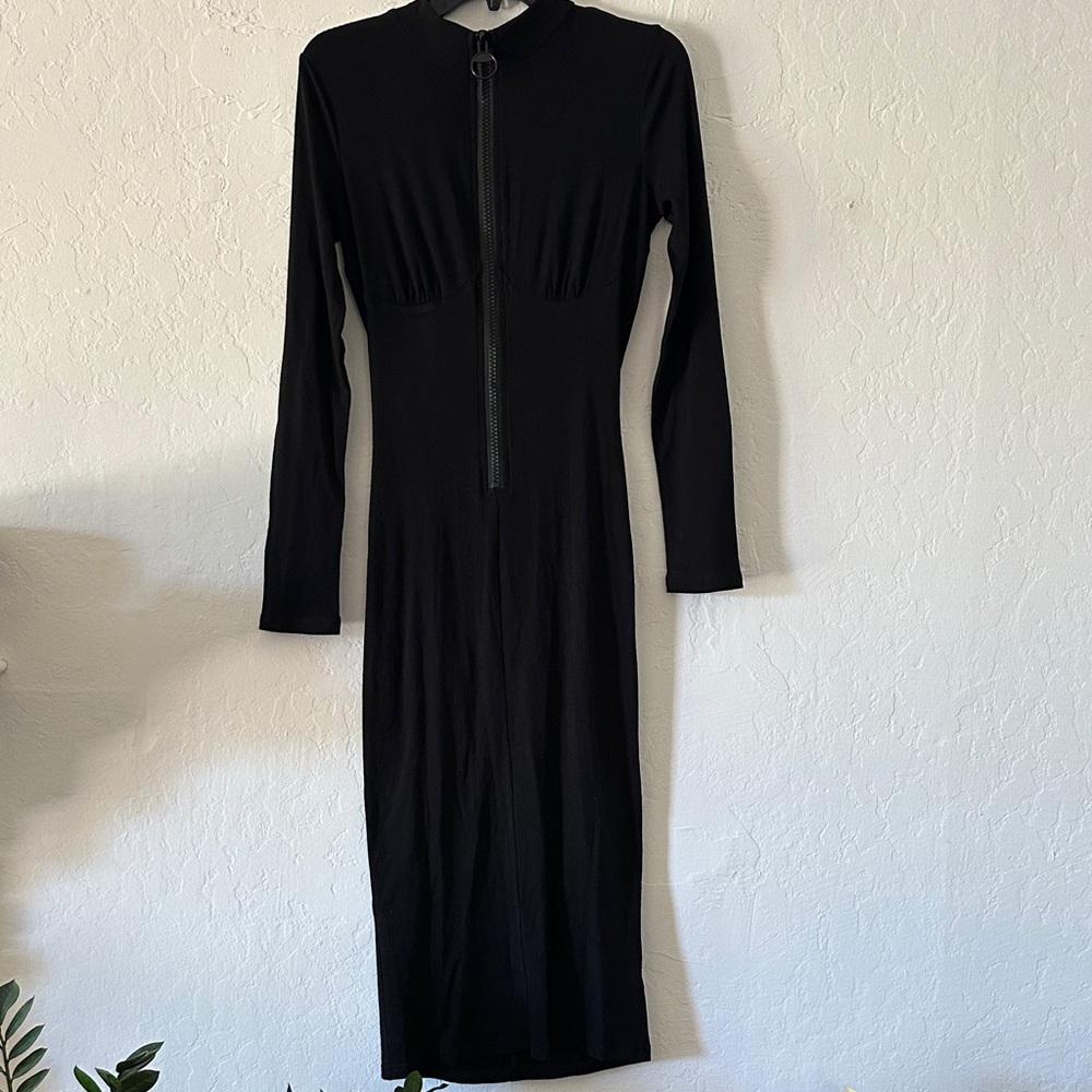 Capsulle Black Long Sleeve Midi Dress, Zip Front, Ruched Back, Stretch, MockNeck